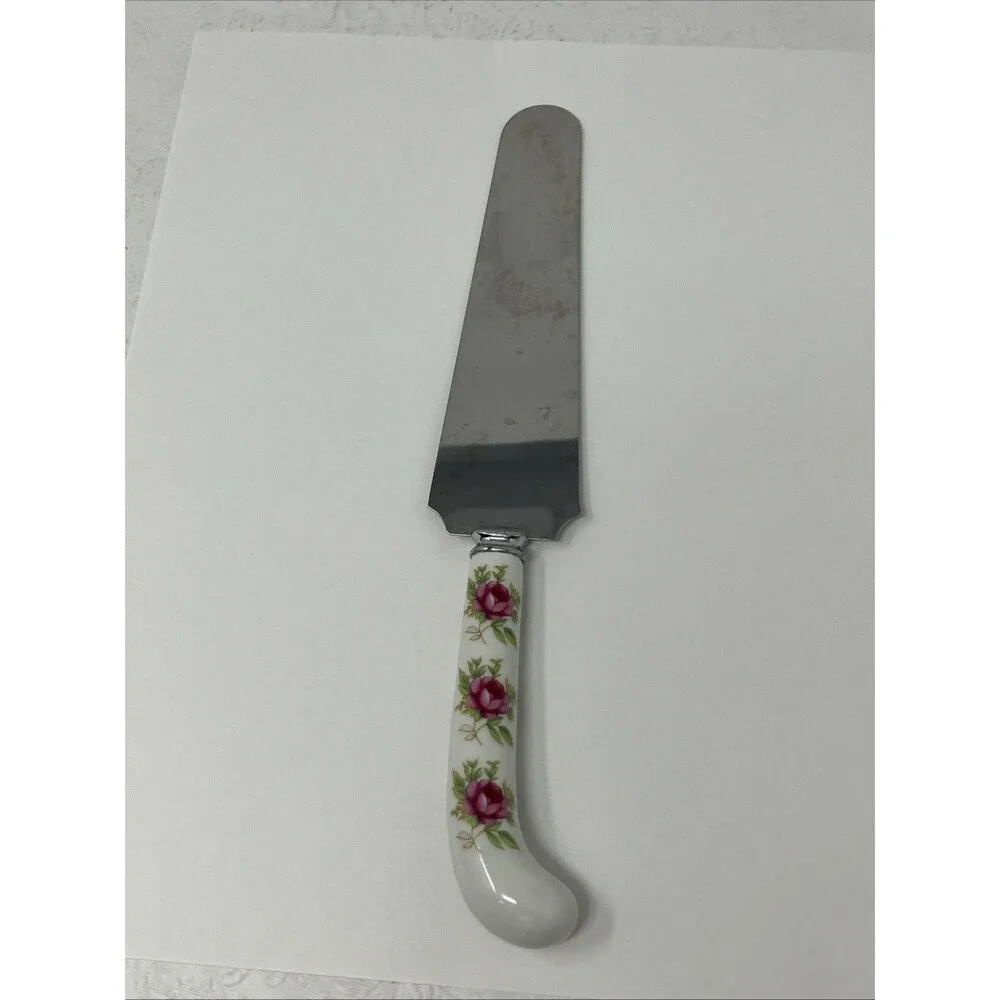 PRILL SHEFFIELD England Floral Rose Porcelain Handle Cake Pie Server Cottage
